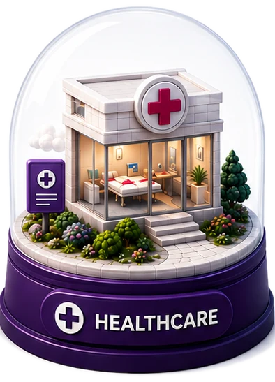 The Healthcare world, drawn as a snow globe.