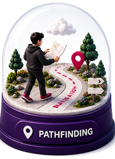 The Pathfinding world, drawn as a snow globe.